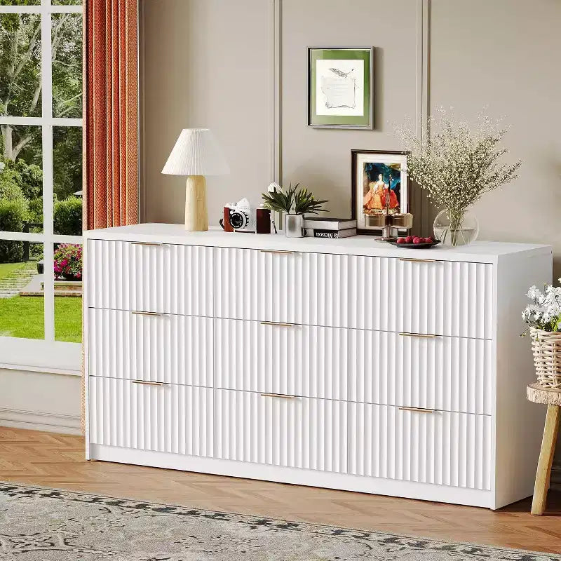 Modern Fluted 8/9-Drawer Dresser, Dresser for Bedroom Chest of Drawers, Storage Organizer for Living Room Hallway Entryway, Wood Color/Black/White