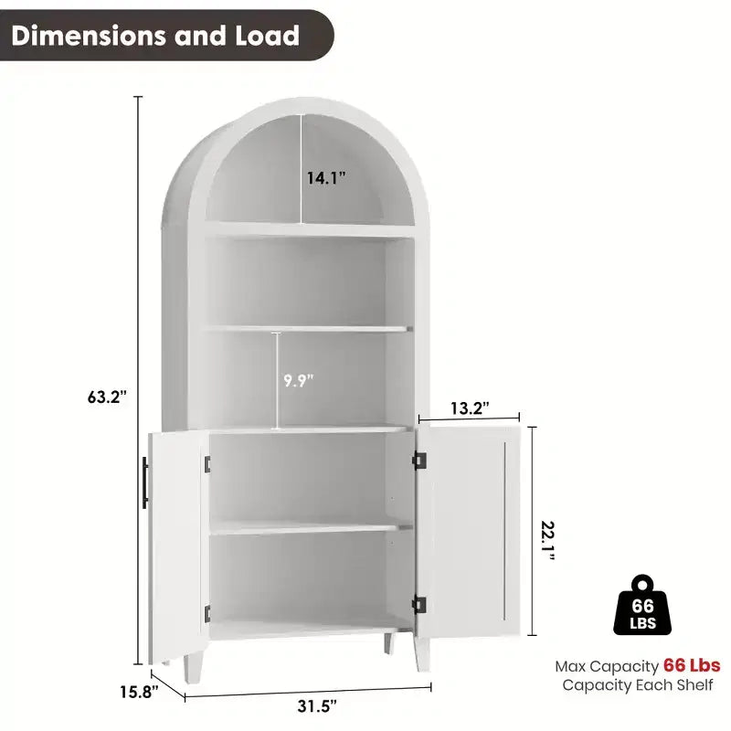 63.2Libreria ad arco con ante, scaffale a 5 ripiani a giorno con decorazioni in rattan, versatile mobiletto contenitore per cucina, sala da pranzo, soggiorno