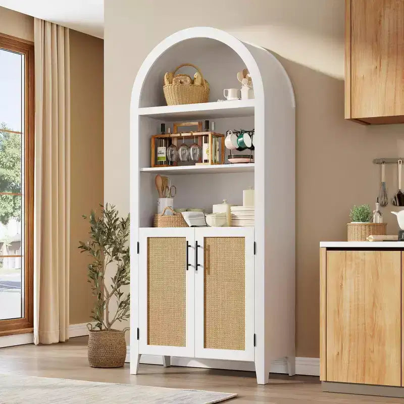 63.2Libreria ad arco con ante, scaffale a 5 ripiani a giorno con decorazioni in rattan, versatile mobiletto contenitore per cucina, sala da pranzo, soggiorno