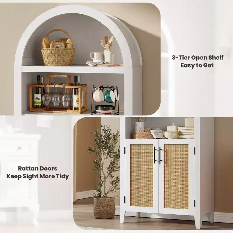 63.2Libreria ad arco con ante, scaffale a 5 ripiani a giorno con decorazioni in rattan, versatile mobiletto contenitore per cucina, sala da pranzo, soggiorno