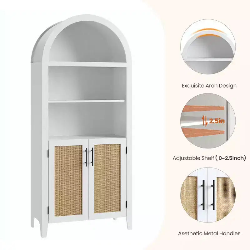 63.2Libreria ad arco con ante, scaffale a 5 ripiani a giorno con decorazioni in rattan, versatile mobiletto contenitore per cucina, sala da pranzo, soggiorno
