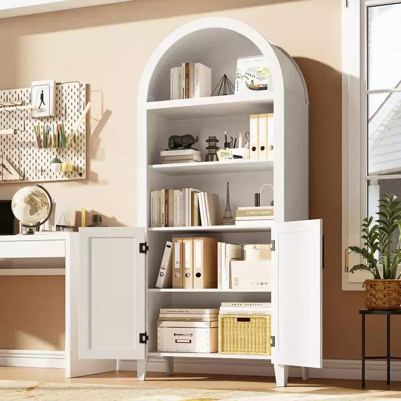 63.2Libreria ad arco con ante, scaffale a 5 ripiani a giorno con decorazioni in rattan, versatile mobiletto contenitore per cucina, sala da pranzo, soggiorno