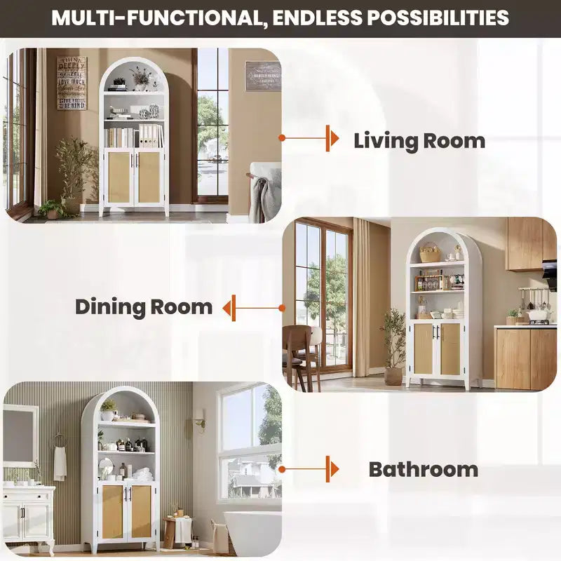 63.2Libreria ad arco con ante, scaffale a 5 ripiani a giorno con decorazioni in rattan, versatile mobiletto contenitore per cucina, sala da pranzo, soggiorno