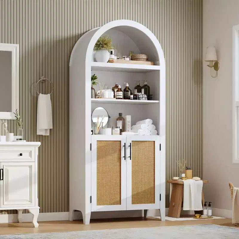 63.2Libreria ad arco con ante, scaffale a 5 ripiani a giorno con decorazioni in rattan, versatile mobiletto contenitore per cucina, sala da pranzo, soggiorno