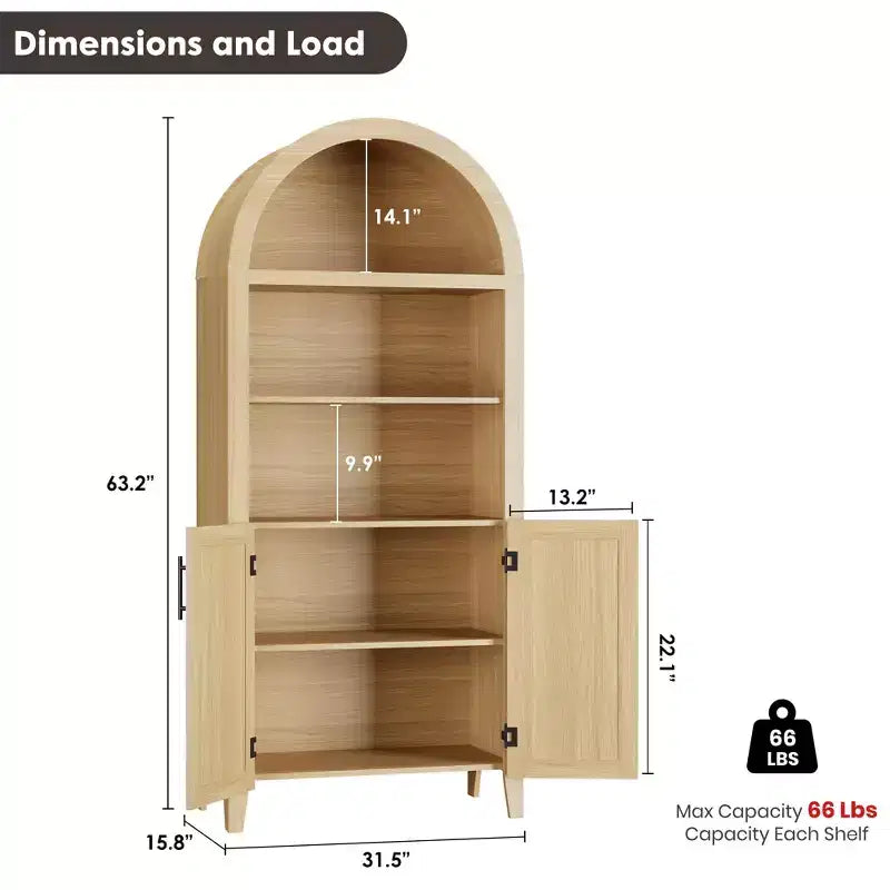 63.2Libreria ad arco con ante, scaffale a 5 ripiani a giorno con decorazioni in rattan, versatile mobiletto contenitore per cucina, sala da pranzo, soggiorno