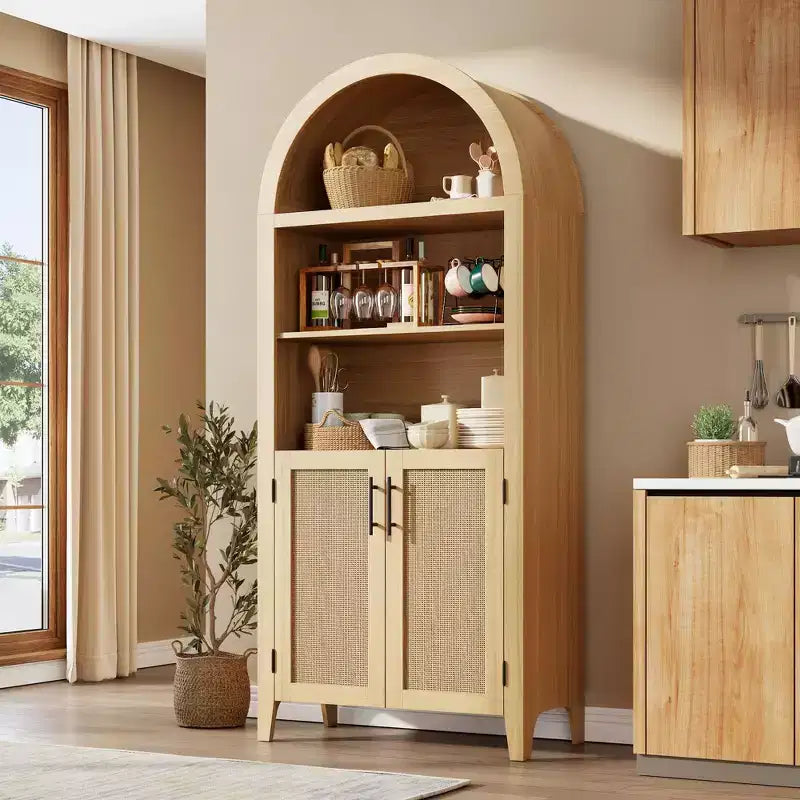 63.2Libreria ad arco con ante, scaffale a 5 ripiani a giorno con decorazioni in rattan, versatile mobiletto contenitore per cucina, sala da pranzo, soggiorno