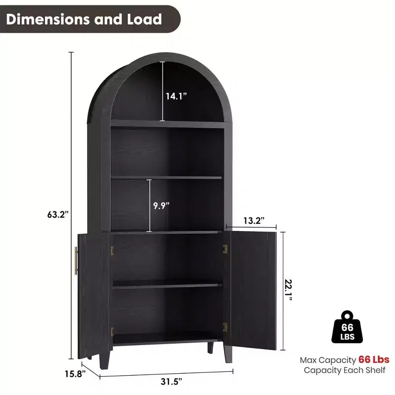 63.2Libreria ad arco con ante, scaffale a 5 ripiani a giorno con decorazioni in rattan, versatile mobiletto contenitore per cucina, sala da pranzo, soggiorno