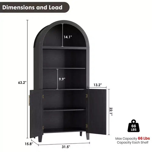 63.2Libreria ad arco con ante, scaffale a 5 ripiani a giorno con decorazioni in rattan, versatile mobiletto contenitore per cucina, sala da pranzo, soggiorno