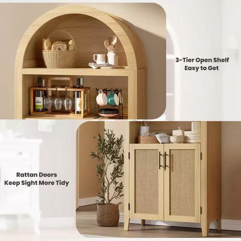 63.2Libreria ad arco con ante, scaffale a 5 ripiani a giorno con decorazioni in rattan, versatile mobiletto contenitore per cucina, sala da pranzo, soggiorno