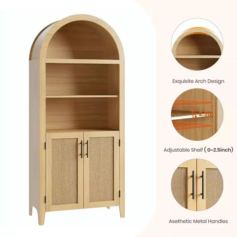 63.2Libreria ad arco con ante, scaffale a 5 ripiani a giorno con decorazioni in rattan, versatile mobiletto contenitore per cucina, sala da pranzo, soggiorno