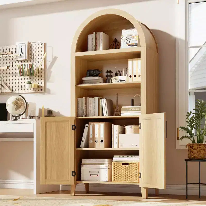 63.2Libreria ad arco con ante, scaffale a 5 ripiani a giorno con decorazioni in rattan, versatile mobiletto contenitore per cucina, sala da pranzo, soggiorno