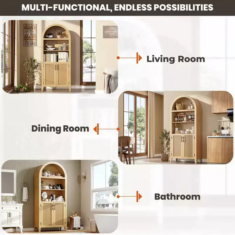 63.2Libreria ad arco con ante, scaffale a 5 ripiani a giorno con decorazioni in rattan, versatile mobiletto contenitore per cucina, sala da pranzo, soggiorno