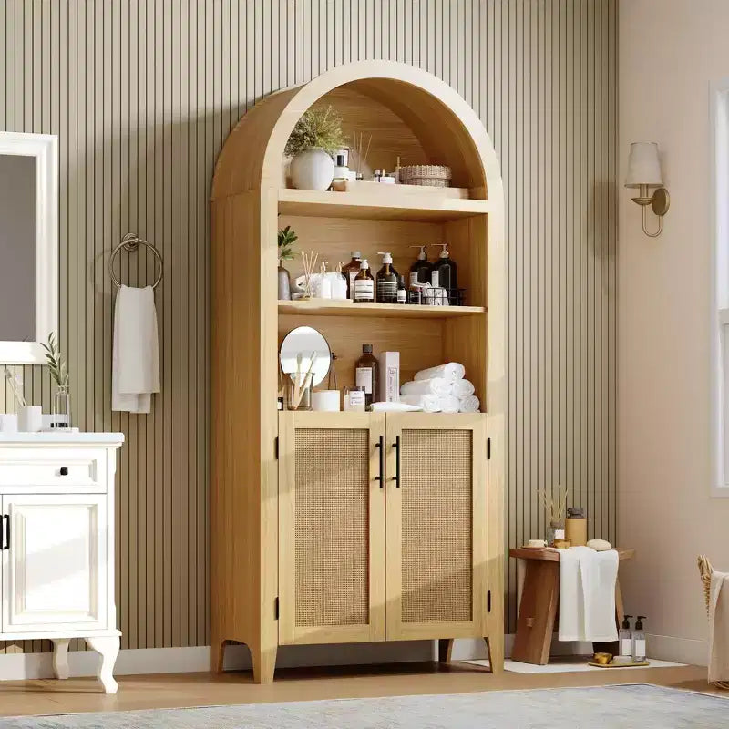 63.2Libreria ad arco con ante, scaffale a 5 ripiani a giorno con decorazioni in rattan, versatile mobiletto contenitore per cucina, sala da pranzo, soggiorno
