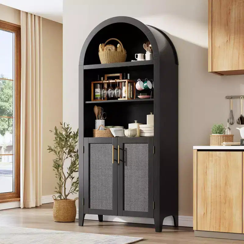 63.2Libreria ad arco con ante, scaffale a 5 ripiani a giorno con decorazioni in rattan, versatile mobiletto contenitore per cucina, sala da pranzo, soggiorno