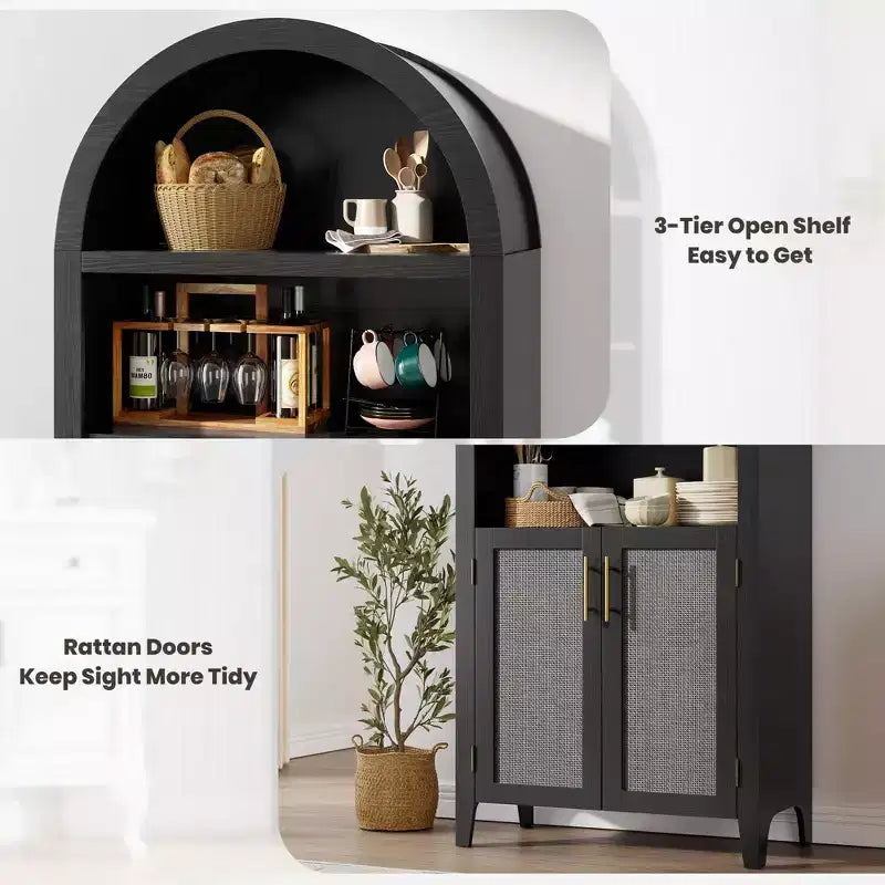 63.2Libreria ad arco con ante, scaffale a 5 ripiani a giorno con decorazioni in rattan, versatile mobiletto contenitore per cucina, sala da pranzo, soggiorno