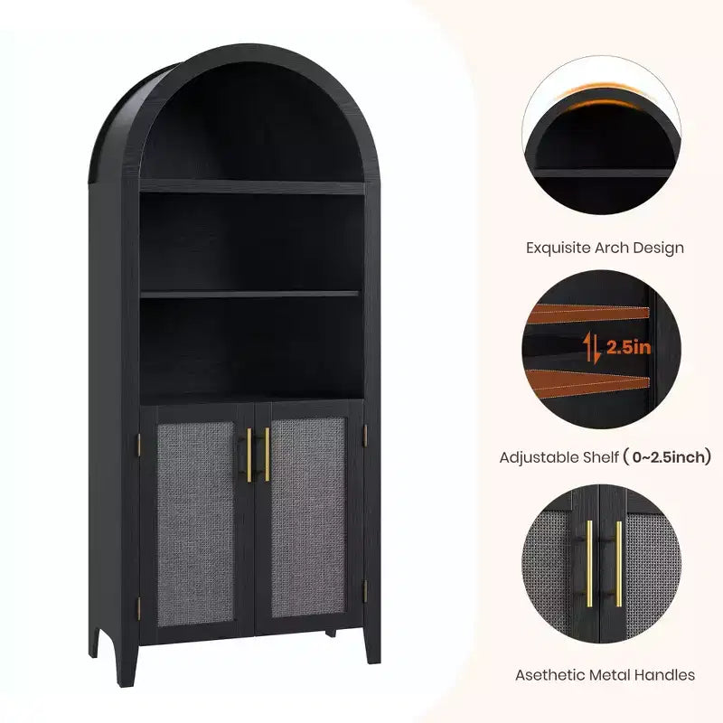63.2Libreria ad arco con ante, scaffale a 5 ripiani a giorno con decorazioni in rattan, versatile mobiletto contenitore per cucina, sala da pranzo, soggiorno