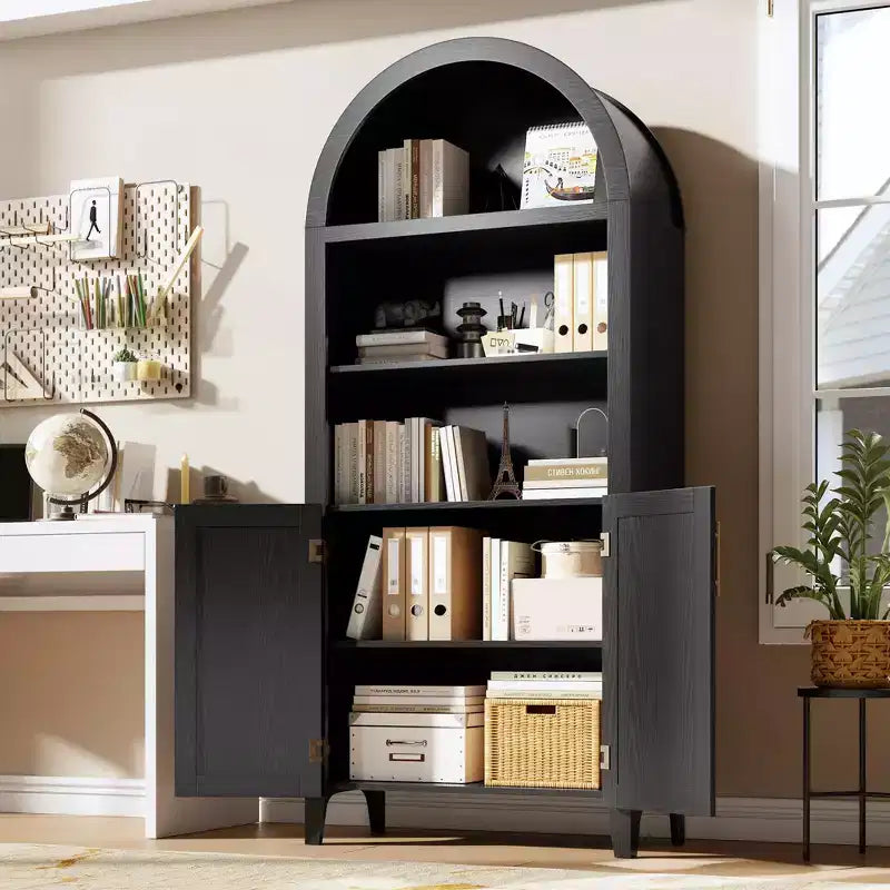 63.2Libreria ad arco con ante, scaffale a 5 ripiani a giorno con decorazioni in rattan, versatile mobiletto contenitore per cucina, sala da pranzo, soggiorno