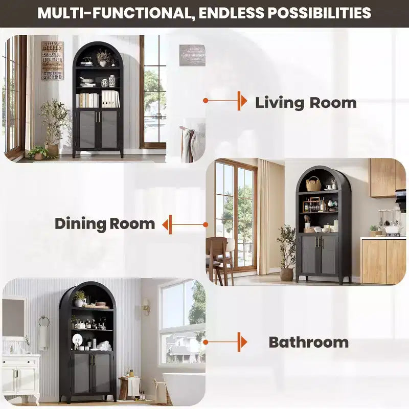 63.2Libreria ad arco con ante, scaffale a 5 ripiani a giorno con decorazioni in rattan, versatile mobiletto contenitore per cucina, sala da pranzo, soggiorno