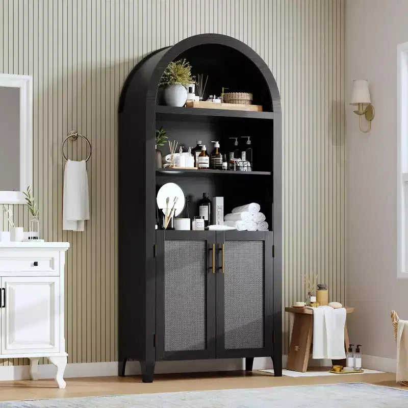 63.2Libreria ad arco con ante, scaffale a 5 ripiani a giorno con decorazioni in rattan, versatile mobiletto contenitore per cucina, sala da pranzo, soggiorno