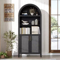 63.2Arched Bookcase with Doors, 5 Tier Open Display Shelf with Rattan Decor, Versatile Storage Cupboard for Kitchen, Dining Room, Living Room