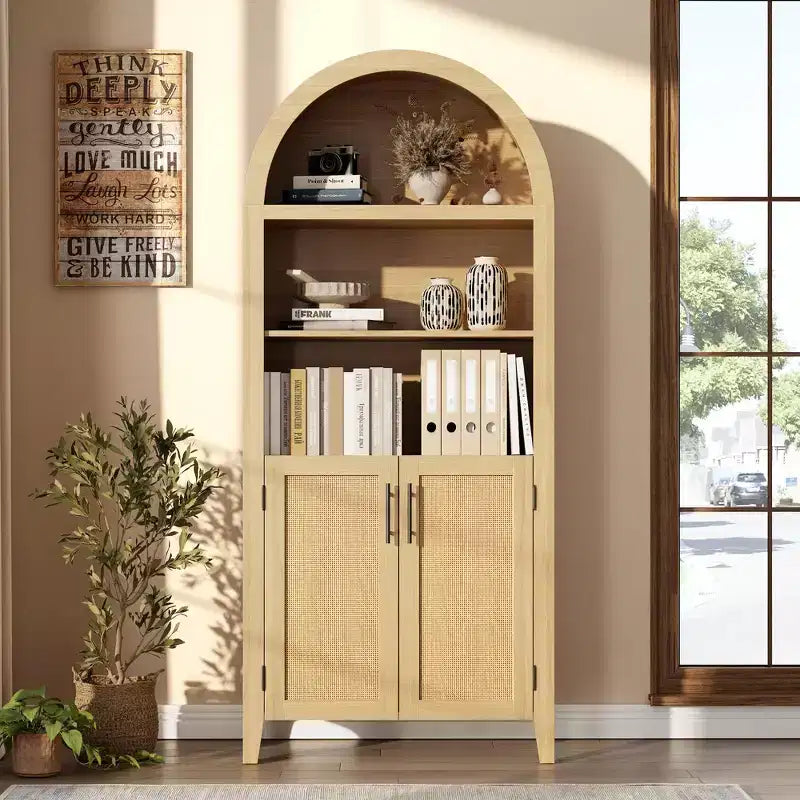 63.2Libreria ad arco con ante, scaffale a 5 ripiani a giorno con decorazioni in rattan, versatile mobiletto contenitore per cucina, sala da pranzo, soggiorno
