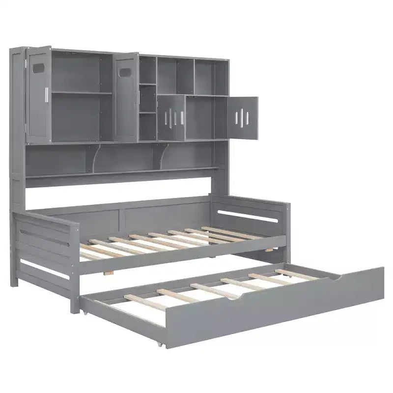 Divano letto matrimoniale/piazza e mezza con libreria contenitore, divano letto in legno con letto estraibile, divano letto in legno con contenitori a ripiani