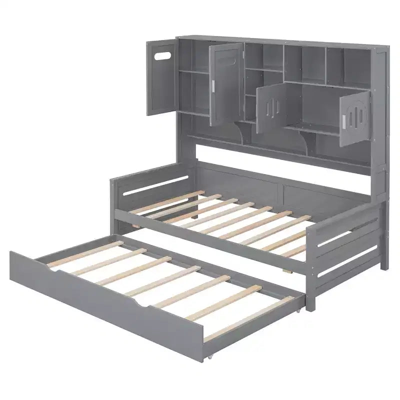Divano letto matrimoniale/piazza e mezza con libreria contenitore, divano letto in legno con letto estraibile, divano letto in legno con contenitori a ripiani