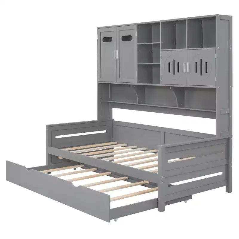 Divano letto matrimoniale/piazza e mezza con libreria contenitore, divano letto in legno con letto estraibile, divano letto in legno con contenitori a ripiani