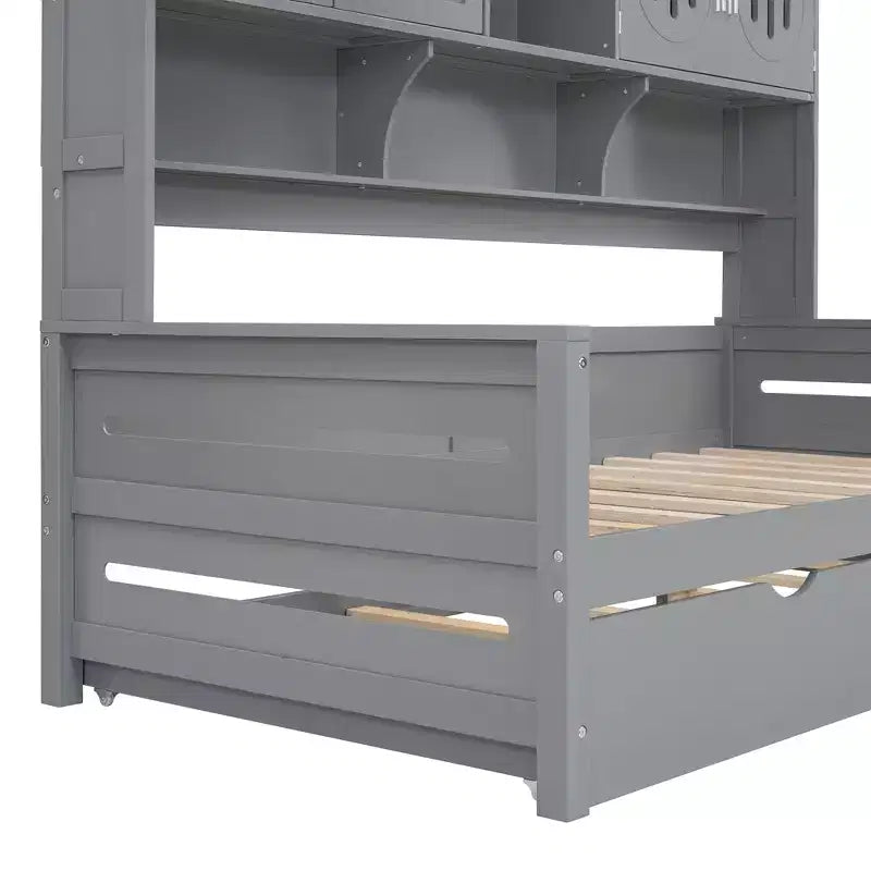 Divano letto matrimoniale/piazza e mezza con libreria contenitore, divano letto in legno con letto estraibile, divano letto in legno con contenitori a ripiani