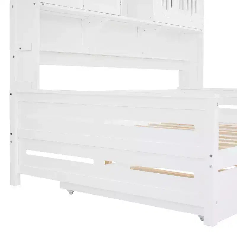 Divano letto matrimoniale/piazza e mezza con libreria contenitore, divano letto in legno con letto estraibile, divano letto in legno con contenitori a ripiani
