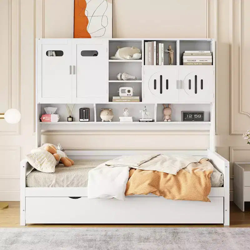 Divano letto matrimoniale/piazza e mezza con libreria contenitore, divano letto in legno con letto estraibile, divano letto in legno con contenitori a ripiani
