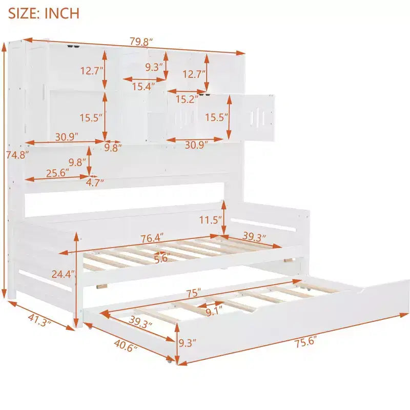 Divano letto matrimoniale/piazza e mezza con libreria contenitore, divano letto in legno con letto estraibile, divano letto in legno con contenitori a ripiani