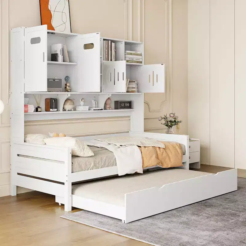 Divano letto matrimoniale/piazza e mezza con libreria contenitore, divano letto in legno con letto estraibile, divano letto in legno con contenitori a ripiani