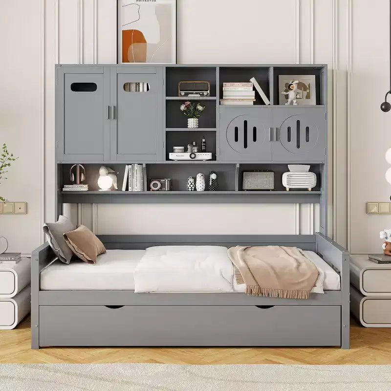 Divano letto matrimoniale/piazza e mezza con libreria contenitore, divano letto in legno con letto estraibile, divano letto in legno con contenitori a ripiani