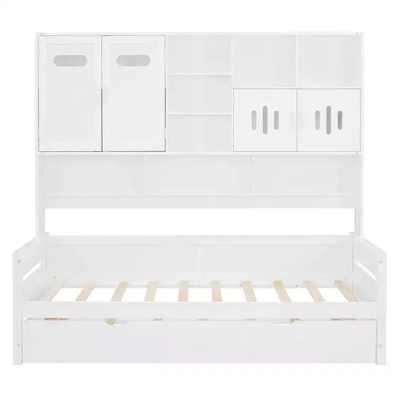 Divano letto matrimoniale/piazza e mezza con libreria contenitore, divano letto in legno con letto estraibile, divano letto in legno con contenitori a ripiani