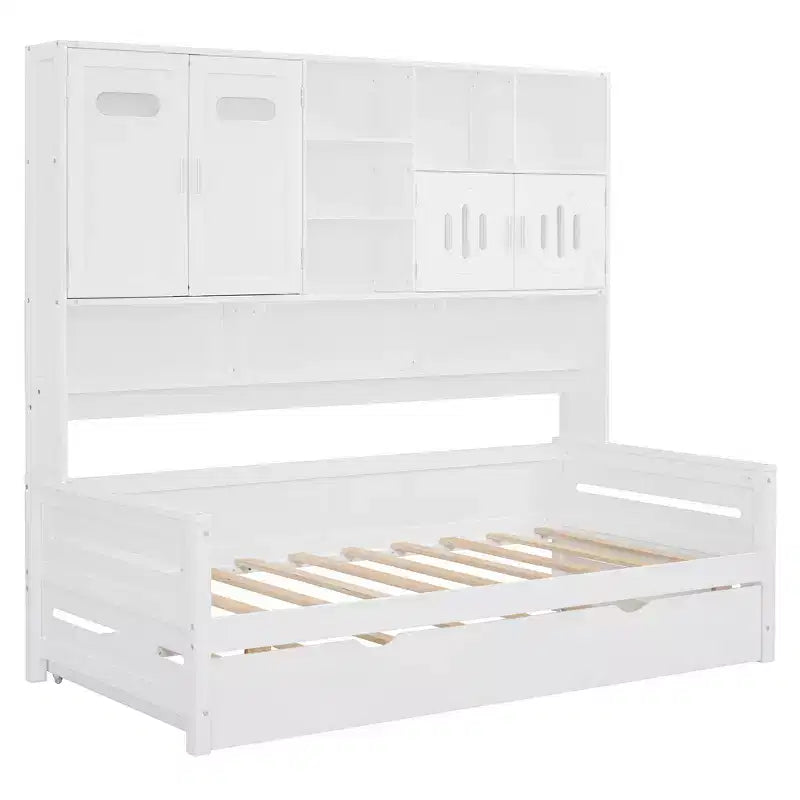 Divano letto matrimoniale/piazza e mezza con libreria contenitore, divano letto in legno con letto estraibile, divano letto in legno con contenitori a ripiani