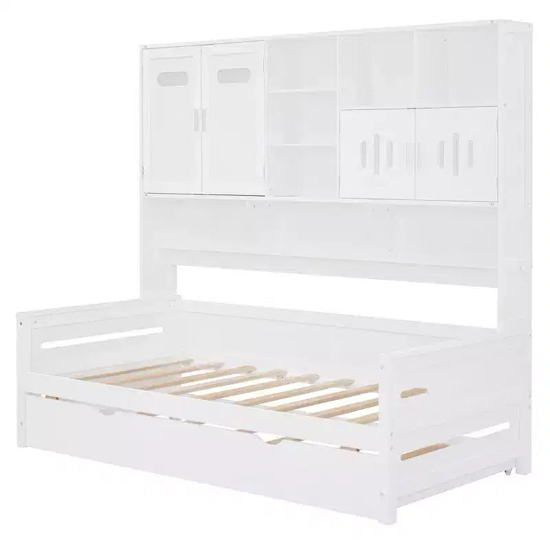 Divano letto matrimoniale/piazza e mezza con libreria contenitore, divano letto in legno con letto estraibile, divano letto in legno con contenitori a ripiani
