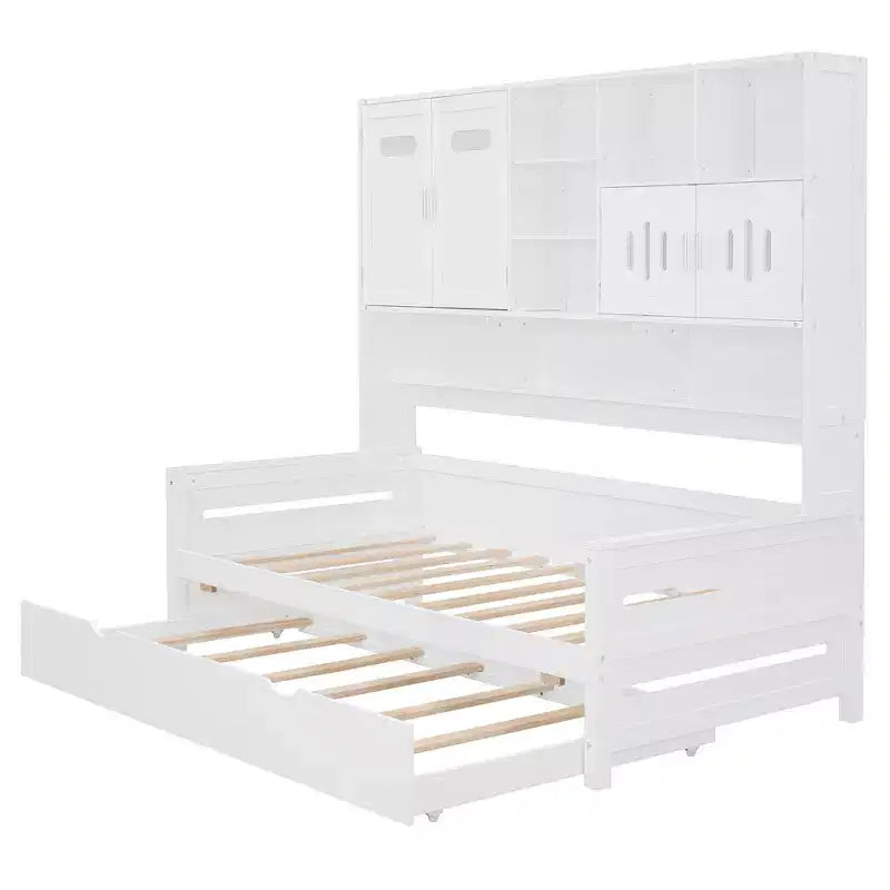 Divano letto matrimoniale/piazza e mezza con libreria contenitore, divano letto in legno con letto estraibile, divano letto in legno con contenitori a ripiani