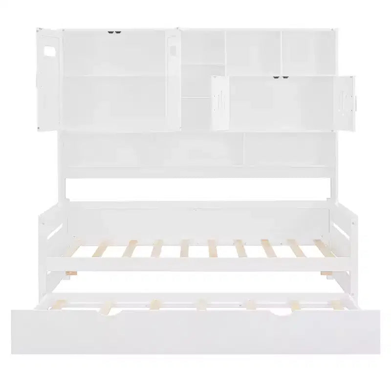Divano letto matrimoniale/piazza e mezza con libreria contenitore, divano letto in legno con letto estraibile, divano letto in legno con contenitori a ripiani