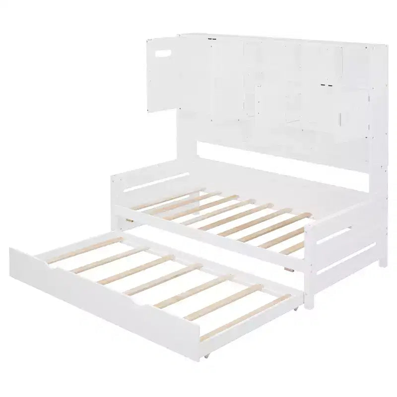Divano letto matrimoniale/piazza e mezza con libreria contenitore, divano letto in legno con letto estraibile, divano letto in legno con contenitori a ripiani