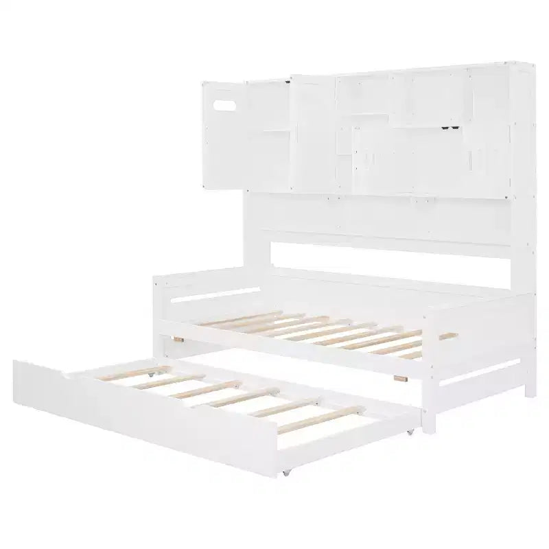 Divano letto matrimoniale/piazza e mezza con libreria contenitore, divano letto in legno con letto estraibile, divano letto in legno con contenitori a ripiani