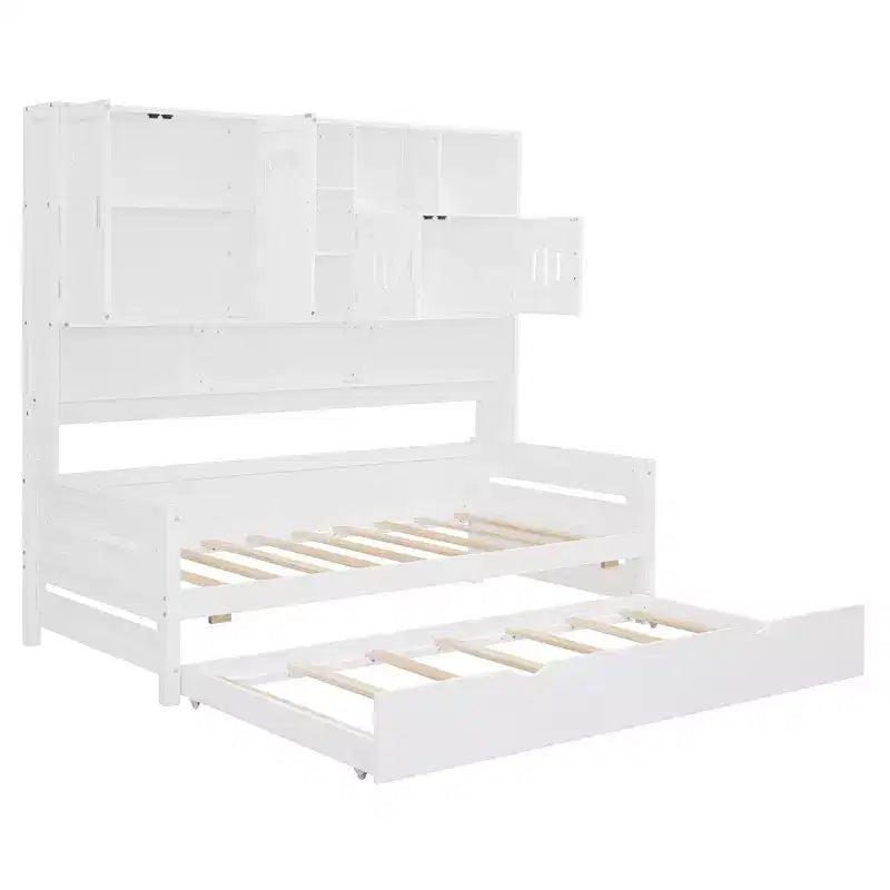 Divano letto matrimoniale/piazza e mezza con libreria contenitore, divano letto in legno con letto estraibile, divano letto in legno con contenitori a ripiani