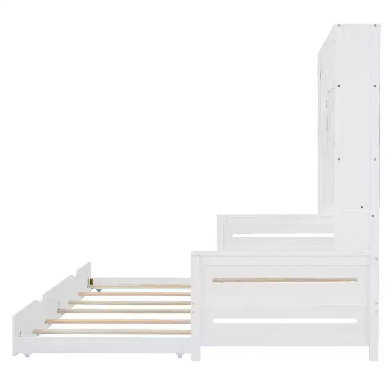 Divano letto matrimoniale/piazza e mezza con libreria contenitore, divano letto in legno con letto estraibile, divano letto in legno con contenitori a ripiani