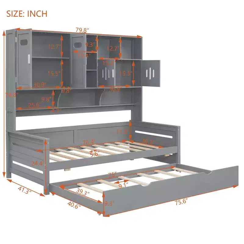 Divano letto matrimoniale/piazza e mezza con libreria contenitore, divano letto in legno con letto estraibile, divano letto in legno con contenitori a ripiani