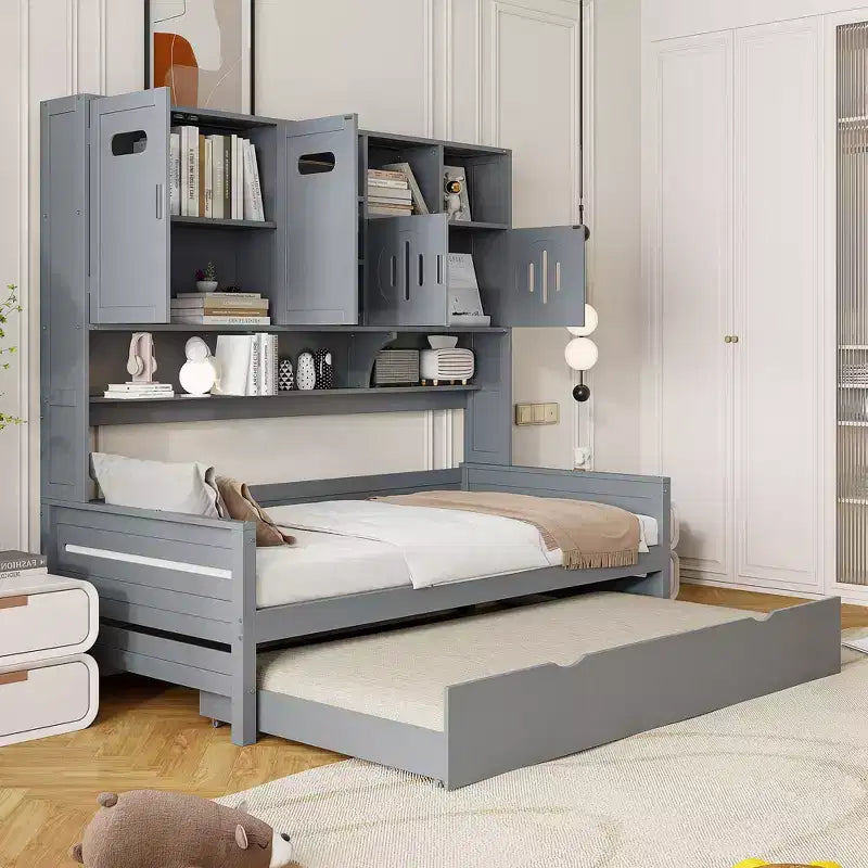 Divano letto matrimoniale/piazza e mezza con libreria contenitore, divano letto in legno con letto estraibile, divano letto in legno con contenitori a ripiani