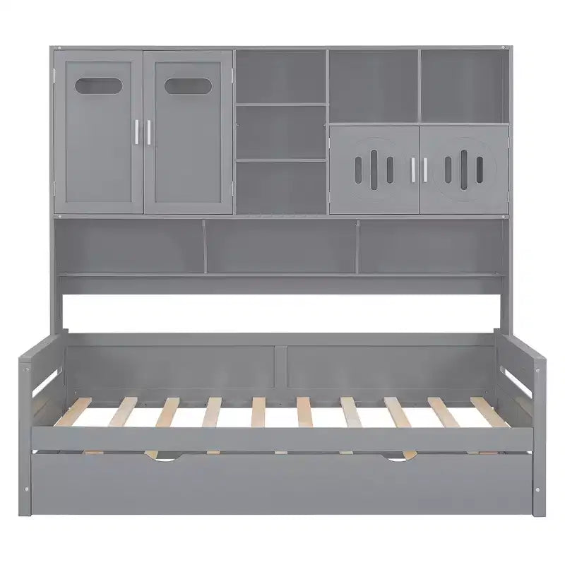 Divano letto matrimoniale/piazza e mezza con libreria contenitore, divano letto in legno con letto estraibile, divano letto in legno con contenitori a ripiani