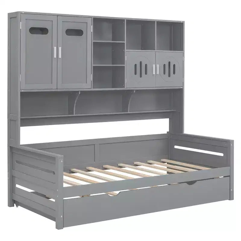 Divano letto matrimoniale/piazza e mezza con libreria contenitore, divano letto in legno con letto estraibile, divano letto in legno con contenitori a ripiani