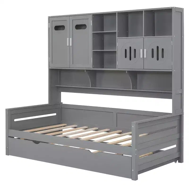 Divano letto matrimoniale/piazza e mezza con libreria contenitore, divano letto in legno con letto estraibile, divano letto in legno con contenitori a ripiani