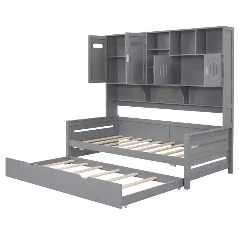 Divano letto matrimoniale/piazza e mezza con libreria contenitore, divano letto in legno con letto estraibile, divano letto in legno con contenitori a ripiani