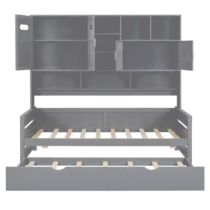 Divano letto matrimoniale/piazza e mezza con libreria contenitore, divano letto in legno con letto estraibile, divano letto in legno con contenitori a ripiani